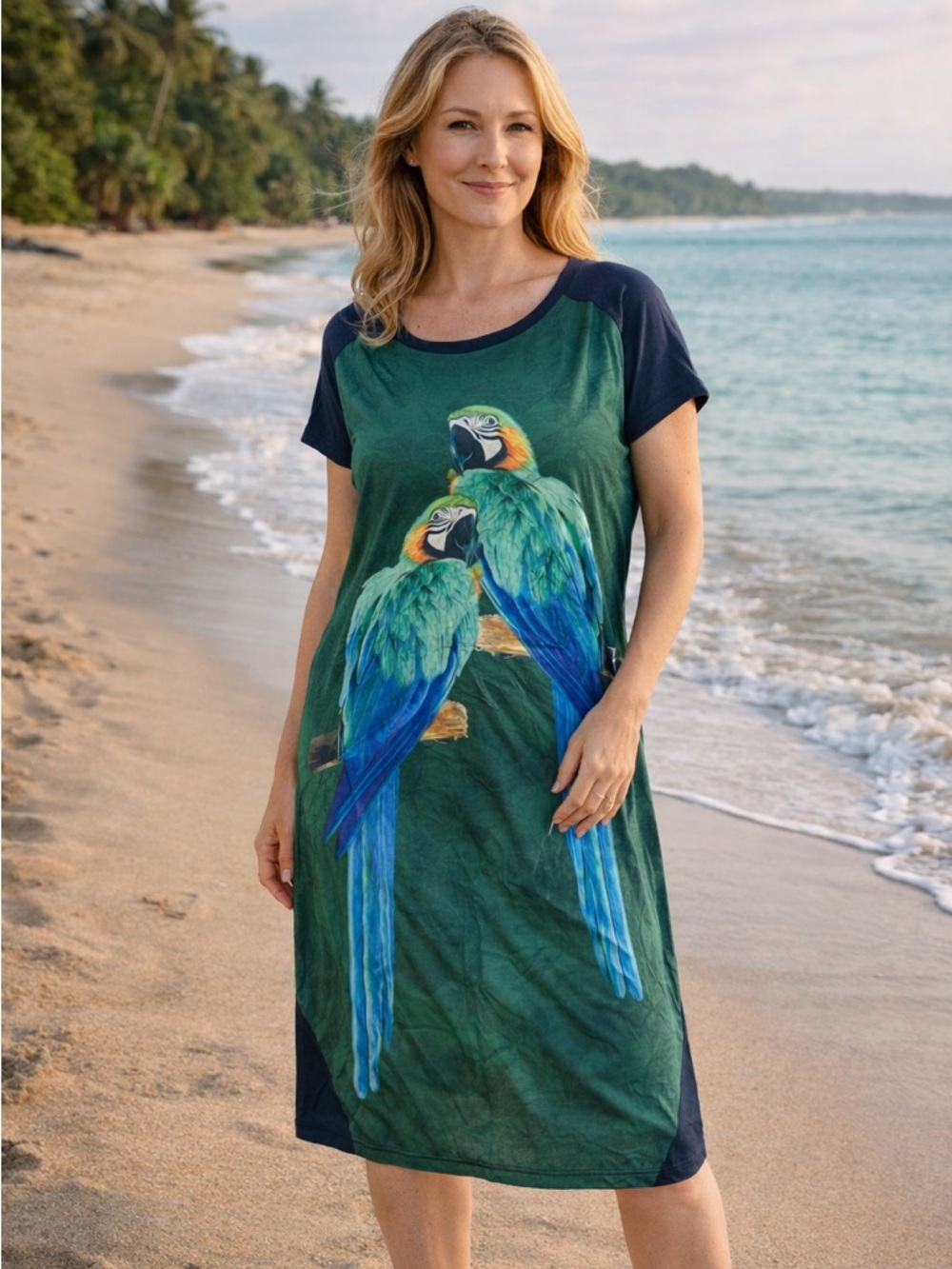Green Parrot Print Bird Coverup - Multicolor Parrot Design